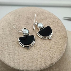 Black Onyx And Pearl <b>Dangle</b> <b>Earrings</b> Sterling <b>Silver</b> Boho Handmade Black And White Gemstone Elegant Jewelry Gift - Product Image 3