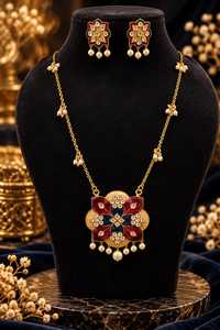 Parure de bijoux en laiton plaqué or et émail, collier et boucles d'oreilles, pendentif floral perlé pour soirée - Product Image 3
