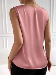 Débardeur en soie pour femme, col en V, sans manches, couleur unie, élégant, en satin, longueur normale, tissu tissé - Product Image 6