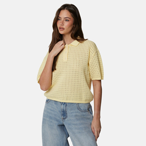Camiseta de Punto de Manga Corta para Mujer, Color Amarillo Pálido, Casual, Transpirable, de Poliéster, con Logotipo Personalizado Bordado a Máquina - Product Image 5