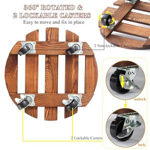 Support de plantes rond en bois avec roulettes verrouillables, support de plantes roulant robuste pour pots de fleurs d'intérieur et d'extérieur, bois rustique - Product Image 5