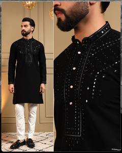 Ensemble Kurta Pyjama Traditionnel Brodé en Soie pour Homme, Coupe Slim, Longueur Genou, Idéal Fêtes et Cérémonies, Vente en Gros, Style Sud - Product Image 5