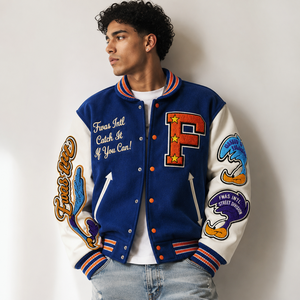 Casual Wool Varsity <b>Jacket</b> Leather Sleeves Chenille Embroidery Patch Street Design Hip Hop Style Baseball Letterman Stand Front - Product Image 3