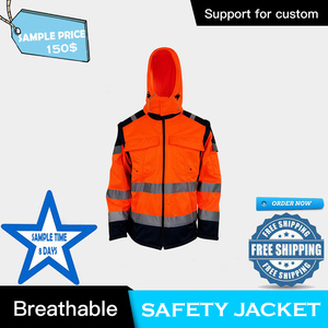 Veste de sécurité réfléchissante haute visibilité orange, classe 2 ANSI, imperméable, respirante, à capuche, pour travaux routiers - Product Image 2