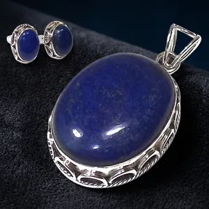 Sterling Silver Blue Lapis Lazuli Splendid Design Jewelry Set With Elegant Pendant Earrings Handmade Indian Style For Women - Product Image 4