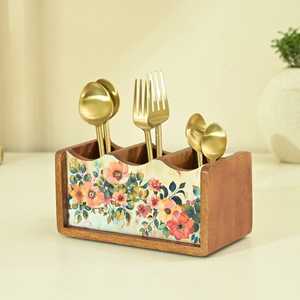 Wooden Napkin Holder With 3 Compartment Cutlery Caddy Tabletop Tissue <b>Paper</b> Dispenser Flatware Utensil Storage <b>Kitchen</b> Dining - Product Image 5