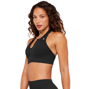 Top Deportivo de Yoga para Mujer con Logotipo Personalizado, Negro, de Acero, Sin Costuras, con Cuello Halter, Nailon y Spandex, Soporte Ligero, para Gimnasio y Entrenamiento - Product Image 3
