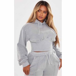 Conjunto Deportivo de 2 Piezas para Mujer, Sudadera Corta con Capucha Gris, Pantalones Jogger, Manga Larga, Felpa, Corte Holgado, Informal, para Todas las Temporadas - Product Image 5