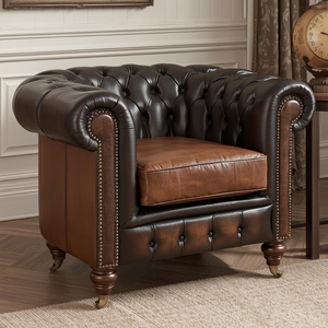 Fauteuil d'appoint classique en cuir marron de luxe avec dossier capitonné pour salon ou bureau - Product Image 1