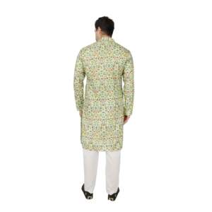 <b>Men's</b> Ethnic Kurta <b>Pajama</b> Set-Yellow Traditional Printed Embroidered Dola <b>Silk</b> with Dola <b>Silk</b> Embroidery - Product Image 3