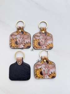 Latest Arrival Hand Tooled Leather Key Chain Cow Sun Flower Rectangular Style Key Earrings Hot Sale Light Weight Key <b>Rings</b> - Product Image 3