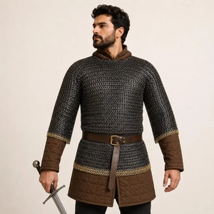 Camisa de malla metálica con diseño de anillos redondos soldados de acero, estilo antiguo, ropa de armadura, forro marrón, manga larga - Product Image 3