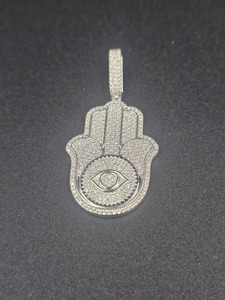 Pendentif main de Hamsa avec collier, incrustation de diamant œil, argent 925, charme religieux, bijoux unisexe - Product Image 1