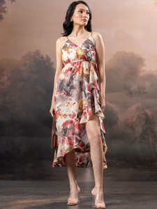 Vestido Midi Estampado Floral Blanco y Granate sin Tirantes con Cintura Natural, Tirantes en los Hombros y Dobladillo Asimétrico - Product Image 3