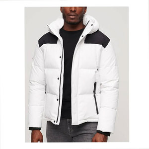 <b>Men's</b> <b>White</b> Hooded <b>Puffer</b> <b>Jacket</b> Color Blocking Windproof Casual Winter Wear Polyester Wadding Regular Length Zipper Closure - Product Image 1