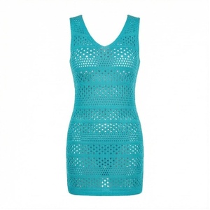 Vestido de punto turquesa para mujer, con cuello en V, sin mangas, estilo ajustado y elástico. - Product Image 2