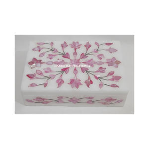 Marbre blanc pur avec finition fine et forme rectangulaire polie lisse boîtes de rangement de bijoux en incrustation de nacre rose - Product Image 3