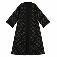 Abaya noire tricotée sur mesure ODM pour femme, avec motif losanges dorés, devant ouvert, manches longues, robe kaftan musulmane, tenue modeste du Moyen-Orient, OEM