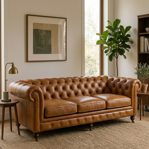 Luxury Tan Leather 3 Seater Sofa with Tufted Back and Rolled Arms Classic Modern Living Room Couch 3 Seater Tufted Sofa - Product Image 1