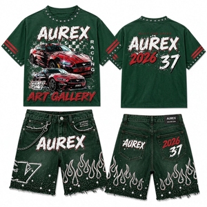 Custom Cropped Streetwear <b>Men's</b> T Shirt Shorts Set <b>Studded</b> Acid Wash 100% Cotton Screen Print Summer Outfit - Product Image 1