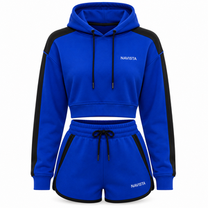 Plus Size Women's Vintage Summer Casual Solid 100% Cotton Eco-Friendly NAVISTA SPORTS Fleece Midi Two-Piece Crop <b>Top</b> Hoodie Set - Product Image 2