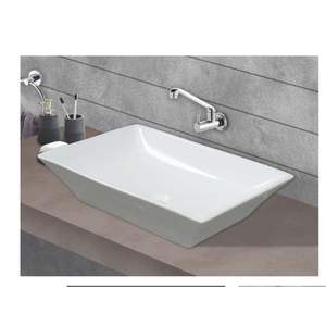 Glossy White Rectangular Ceramic Wash Basin 575x440x155mm Wall Hung Floating Bathroom Sink With Semi Pedestal - Product Image 3