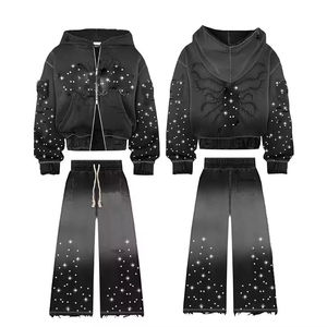 Custom Manufacturer Sweatsuit Acid Wash Distressed <b>Zip</b> <b>up</b> Rhinestone <b>Cropped</b> Hoodie and Sweatpants Outfits Set men Tracksuit - Product Image 1