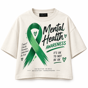 Global Stitch Women's <b>Crop</b> <b>Top</b> Mental Health Awareness <b>Green</b> Ribbon Printed Casual T-Shirt Loose Fit Crew Neck 100% Cotton - Product Image 1