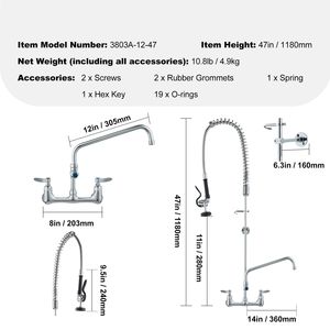 Rubinetto da Cucina a Parete Estraibile, 47 Pollici di Altezza, 8 Pollici di Distanza, Beccuccio Girevole da 12 Pollici, con Funzione Pre-Risciacquo, in Ottone - Product Image 4