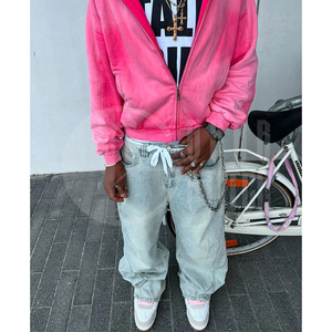 Sudadera con capucha y cremallera Sun Fade unisex, corte holgado, estilo moderno, rosa, forro polar, ecológica, con bolsillo - Product Image 5