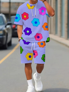 Summer 2026 new men Summer <b>set</b> with colorful flower prints casual <b>set</b> with round neck short sleeve T Shirt And Shorts Comfort - Product Image 2