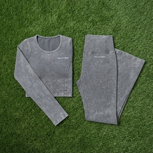 Women Gray Acid Wash Yoga <b>Set</b> <b>Long</b> <b>Sleeve</b> Crop Top High Waist Flare Leggings <b>Gym</b> Fitness Workout Activewear - Product Image 5