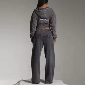 Wholesale Women's Acid Wash Cropped <b>Zip</b> Up Hoodie & Wide Leg Sweatpants Set Custom Logo Oversized Cotton Fleece Tracksuit OEM - Product Image 2