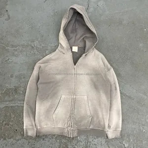 Streetwear 400g poids lourd blanc fermeture éclair Vintage Double couche lavage acide soleil délavé en détresse sweats à capuche hommes - Product Image 5