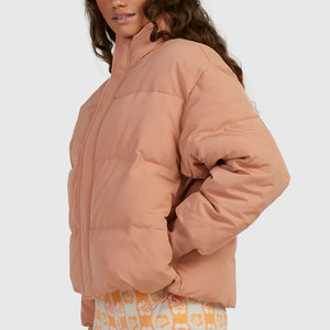 Chaqueta Acolchada de Mujer Color Durazno, Manga Larga, Cuello Alto, Abrigo de Invierno, Relleno Grueso de Poliéster, Cierre de Cremallera, Color Sólido - Product Image 3