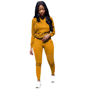 Ensemble de survêtement pour femme, sweat-shirt à capuche bleu marine, manches longues, couleur unie, style sportif, leggings déchirés, coupe ajustée, toutes saisons - Product Image 5