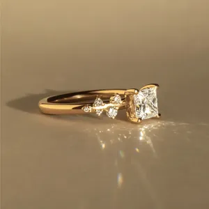 Solid Gold Princess Cut Engagement Ring With Cluster, Diamond Solitaire Ring <b>Unique</b> Delicate Bridal Elegant Jewelry <b>Gift</b> <b>for</b> <b>Her</b> - Product Image 3