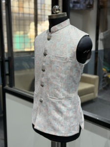 Heritage Pearl Grey Floral Jacquard Nehru Vest for Men Premium Indo Western Wedding Waistcoat Designer Bandhgala Modi <b>Jacket</b> - Product Image 5