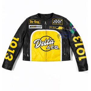 Chaqueta de Motociclista de Cuero Sintético Negro y Amarillo de la Hermandad Delta Sigma Theta DST con Letras Griegas Bordadas para Mujer - Product Image 1
