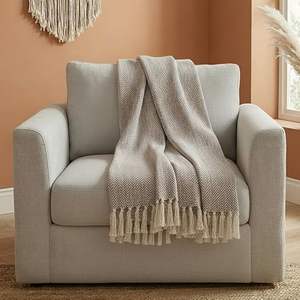 Plaid décoratif à franges en coton tissé 100% – Plaid à pompons style bohème et farmhouse pour canapé - Product Image 5