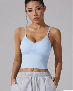 High-Elasticity Longline White Sports <b>Bra</b> | <b>Thin</b> <b>Strap</b> Open-Back Fitness Camisole | Seamless Knit Padded Activewear Crop Top - Product Image 1