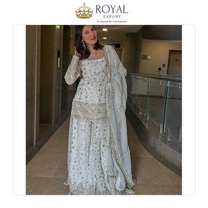 Traje Sharara de seda pura con bordados elaborados y lentejuelas, ideal para fiestas, con dupatta, para mujeres, ropa de boda. - Product Image 6