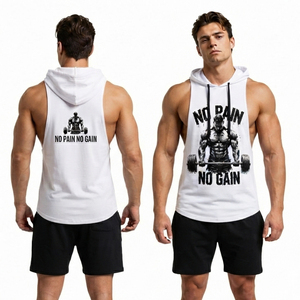 Hooded Gym Workout Tank Top Men Printed <b>Singlet</b> Hoodie Fitness Wear Knitted Tank Top 100% Cotton Polyester Hooded Vest Top - Product Image 1