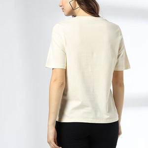 Custom Logo <b>Women's</b> <b>Cream</b> Cotton Crew Neck <b>T</b>-<b>Shirt</b> Short Sleeve Regular Fit Solid Color Casual Jersey Breathable All Seasons - Product Image 4
