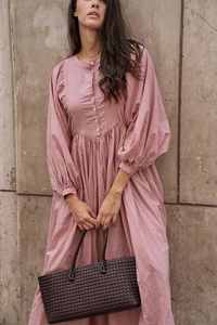 Vestido Maxi Rosa Sólido Elegante y Modesto para Mujer, Cuello en V, Manga Abullonada, Manga Larga, Botones al Frente, Algodón Ecológico, Vestido Casual Holgado - Product Image 4