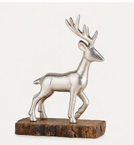 Wholesale Metallic Silver Deer Statue With Solid Wood Stand Contemporary Holiday Reindeer Ornament For Mantel Office Living Room - Product Image 1