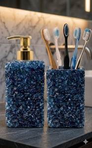 Juego de Accesorios de Cuatro Piezas para Baño, Dispensador de Jabón Cuadrado con Diseño de Mármol en Resina Artesanal, Portacepillos de Dientes, Fácil de Limpiar - Product Image 6