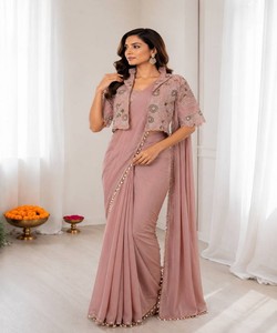 Sari listo para usar, muy vendido, para mujer, diseño étnico, para fiestas, bodas, festivales, colección boutique, rosa claro 82846 BB-59 - Product Image 1