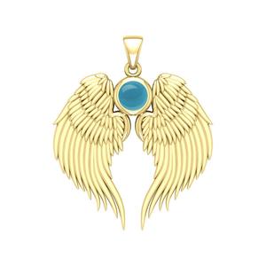 Blue Quartz Guardian <b>Angel</b> Wing Birthstone Pendant Gold Plated with Round Crystal 3 cm <b>Charm</b> Necklace Birthstone Jewelry - Product Image 1