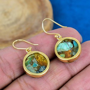 Natural Boulder Turquois Round Shape Gemstone <b>Hook</b> <b>Earring</b> 18k Gold Finish Over 925 Sterling Silver - Product Image 4